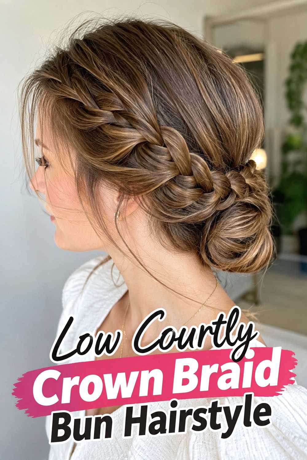 2. Low Courtly Crown Braid Bun Hairstyle