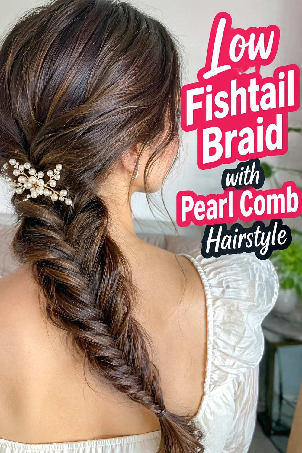 12. Low Fishtail Braid With Pearl Comb Hairstyle