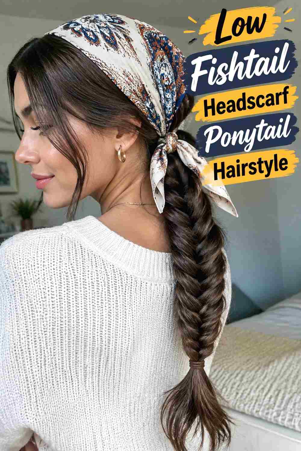 3. Low Fishtail Headscarf Ponytail Hairstyle