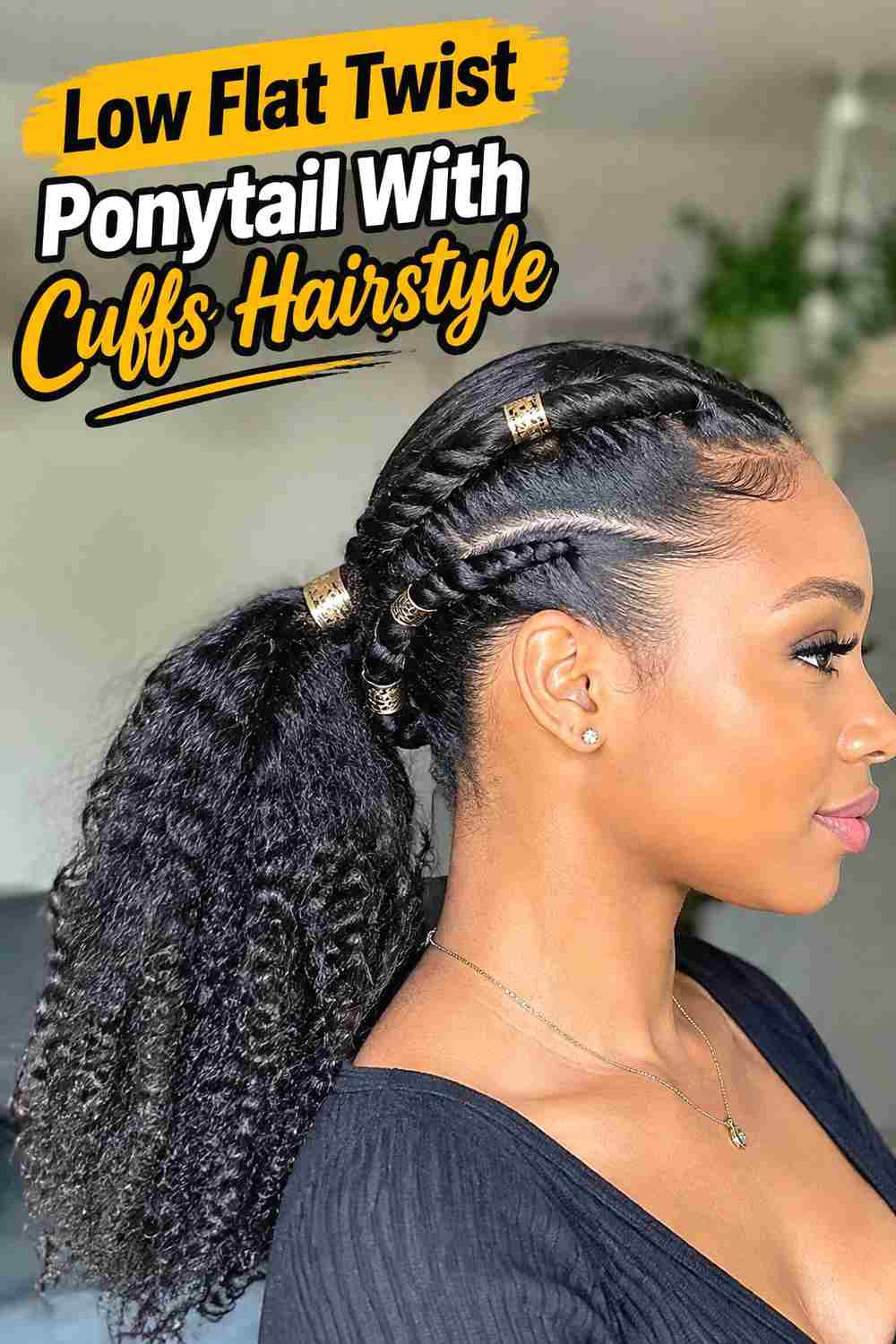 3. Low Flat Twist Ponytail With Cuffs Hairstyle