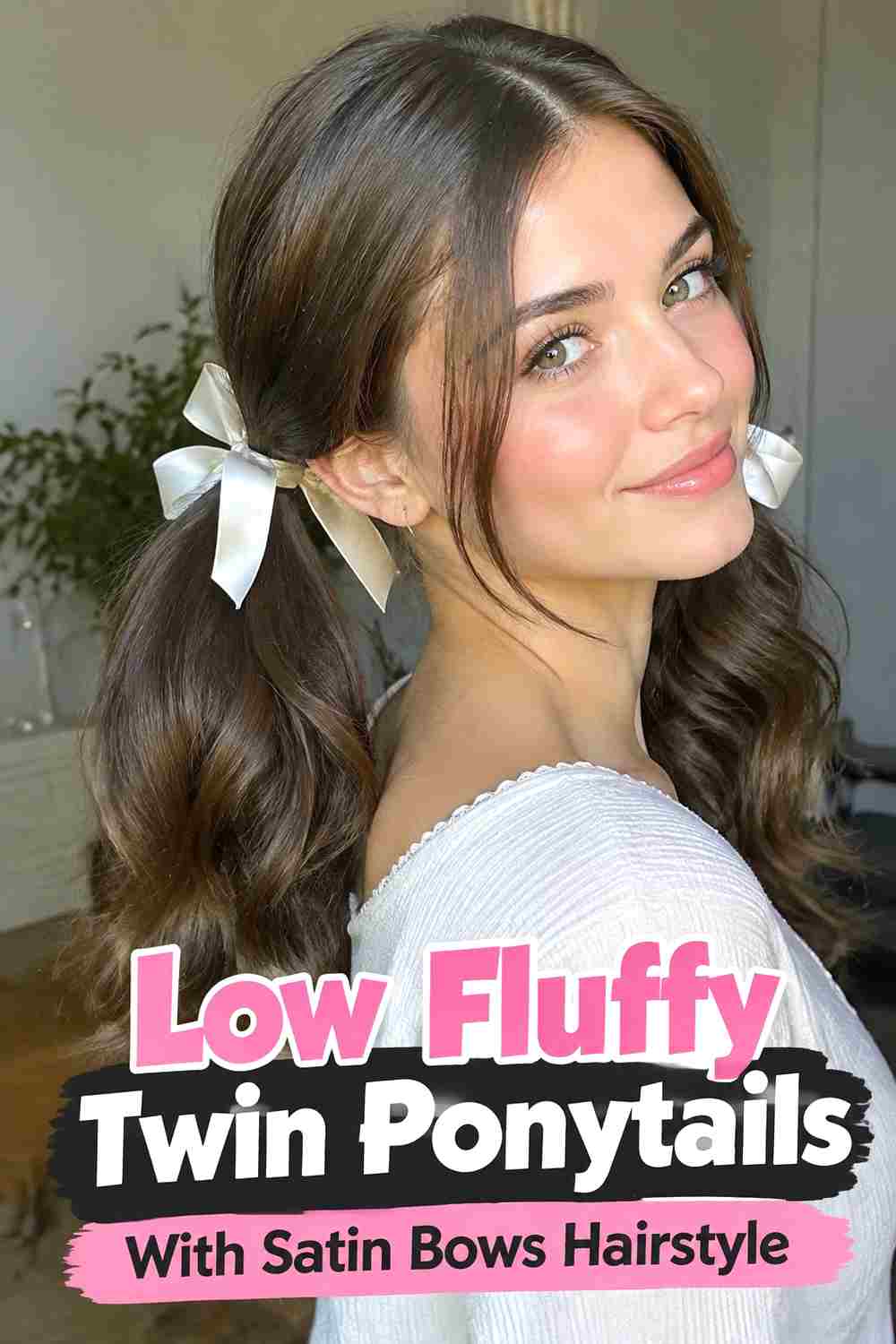 2. Low Fluffy Twin Ponytails With Satin Bows Hairstyle