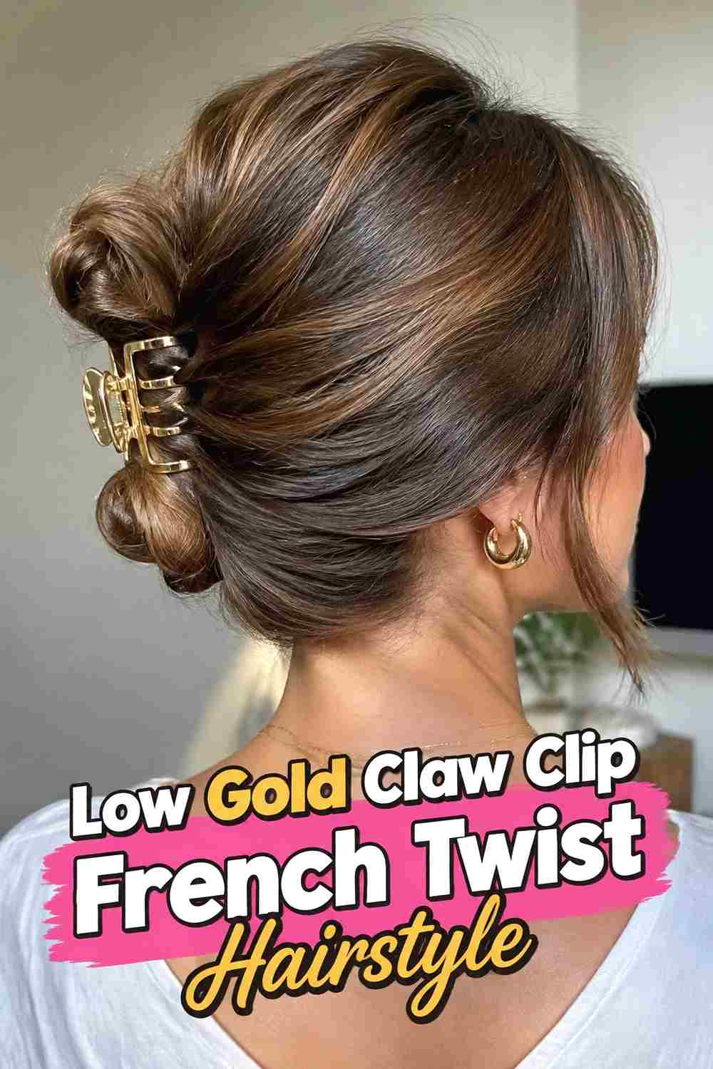 2. Low Gold Claw Clip French Twist Hairstyle