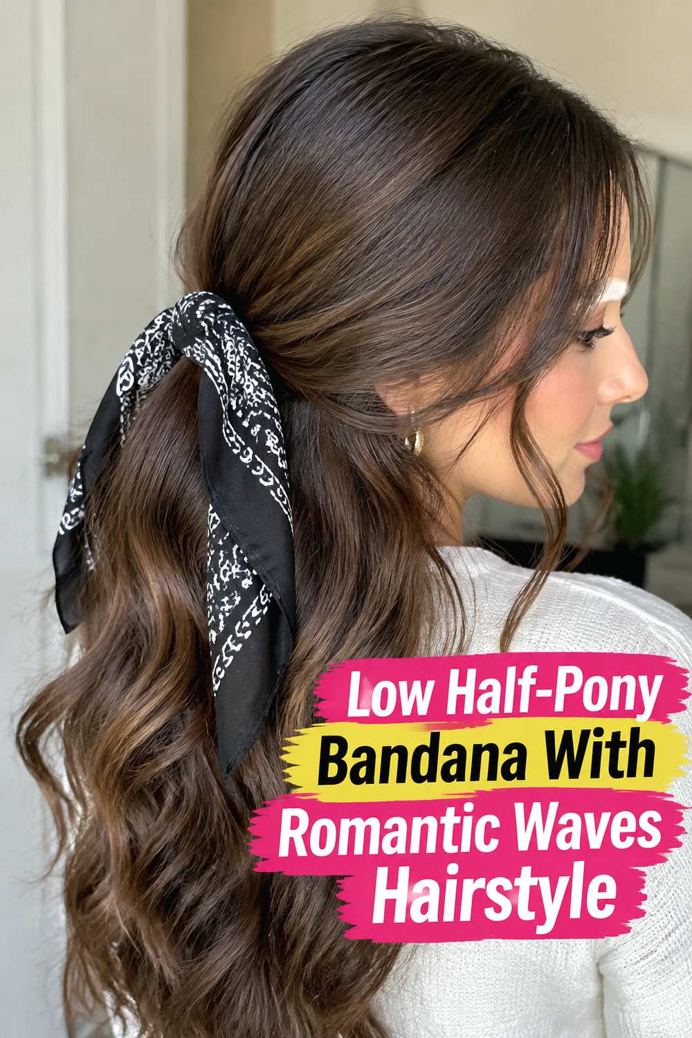 Low Half-Pony Bandana With Romantic Waves Hairstyle