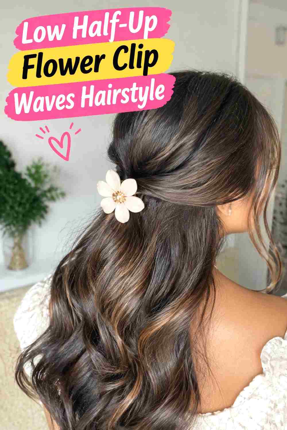 6. Low Half Up Flower Clip Waves Hairstyle