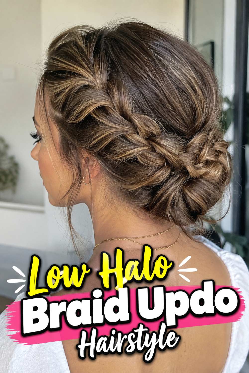 Low Halo Braid Updo Hairstyle
