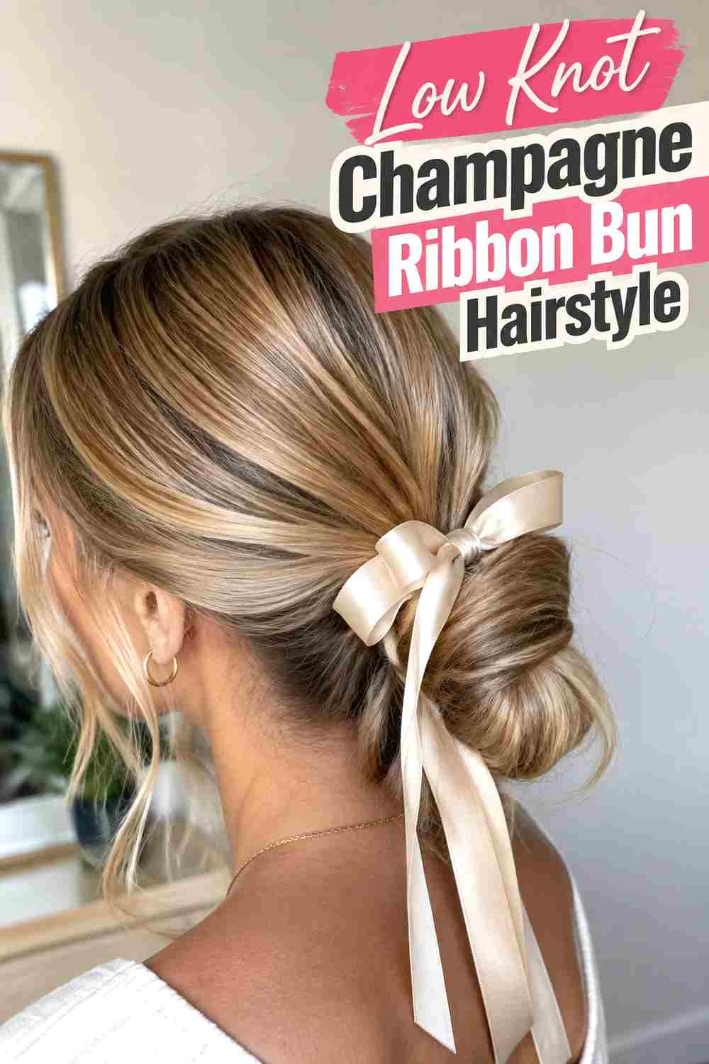 7. Low Knot Champagne Ribbon Bun Hairstyle