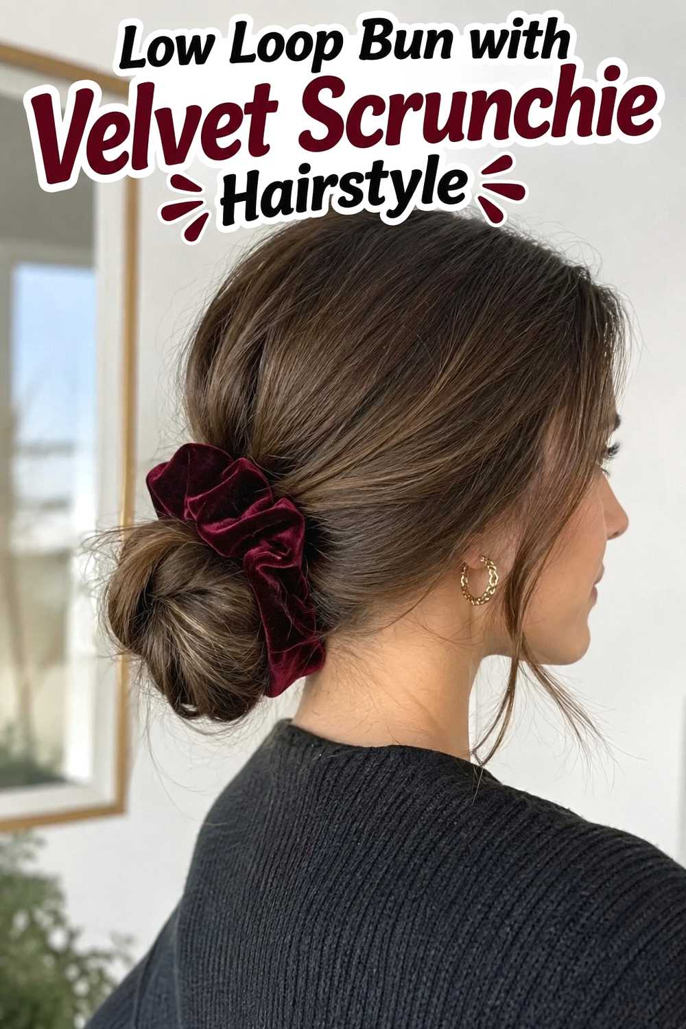 13. Low Loop Bun With Velvet Scrunchie Hairstyle