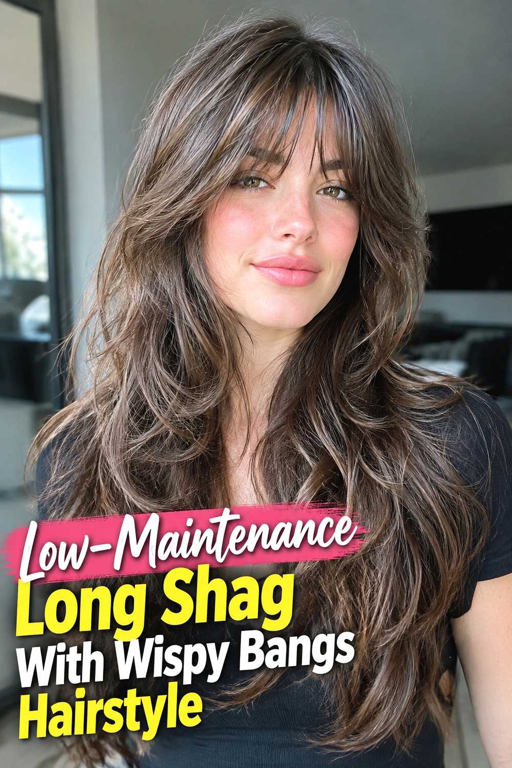 19. Low Maintenance Long Shag With Wispy Bangs Hairstyle