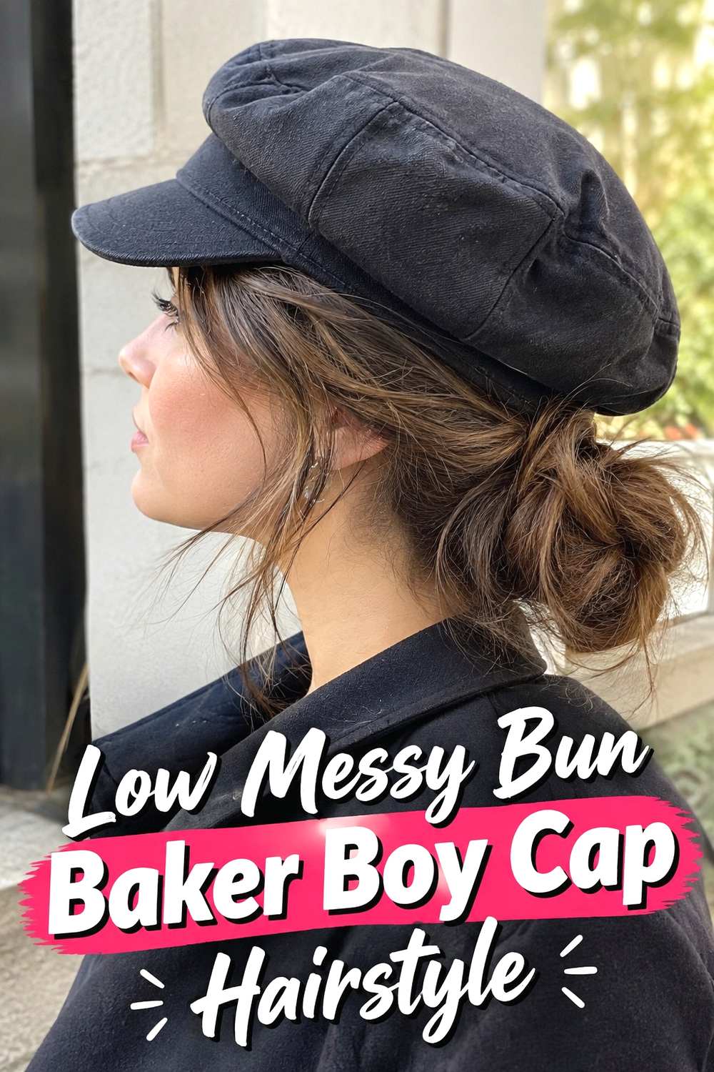 6. Low Messy Bun Baker Boy Cap Hairstyle