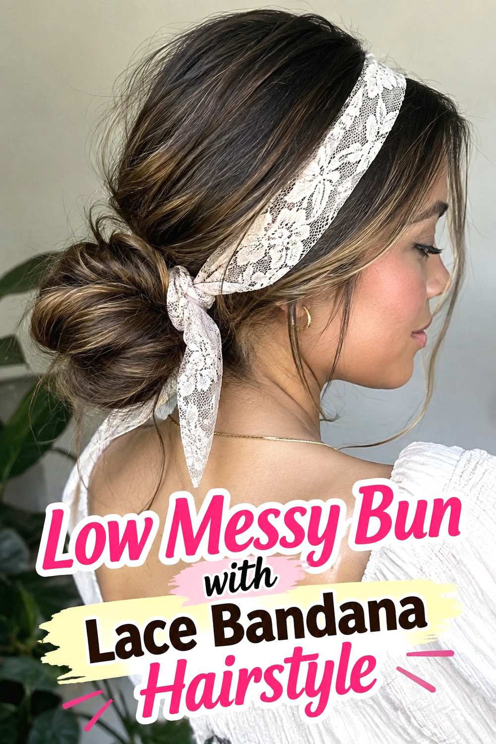 2. Low Messy Bun With Lace Bandana Hairstyle