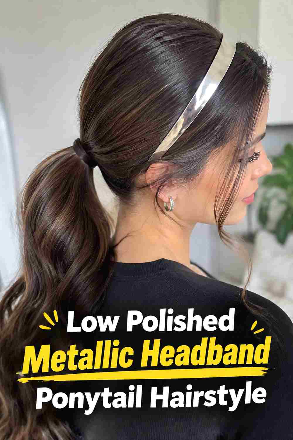 2. Low Polished Metallic Headband Ponytail Hairstyle