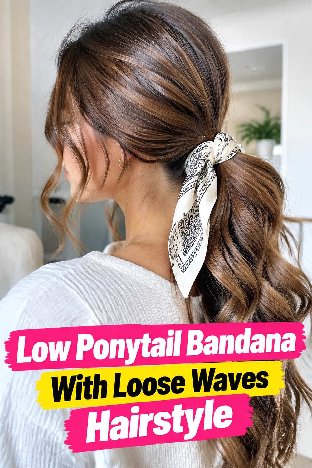 Low Ponytail Bandana With Loose Waves Hairstyle