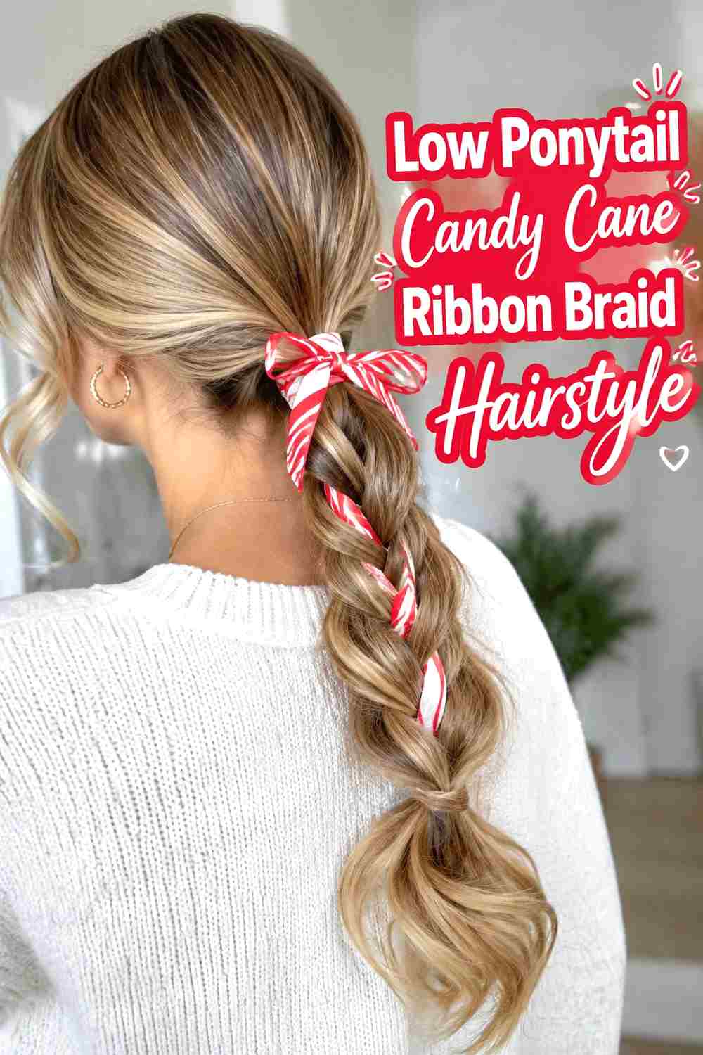 6. Low Ponytail Candy Cane Ribbon Braid Hairstyle