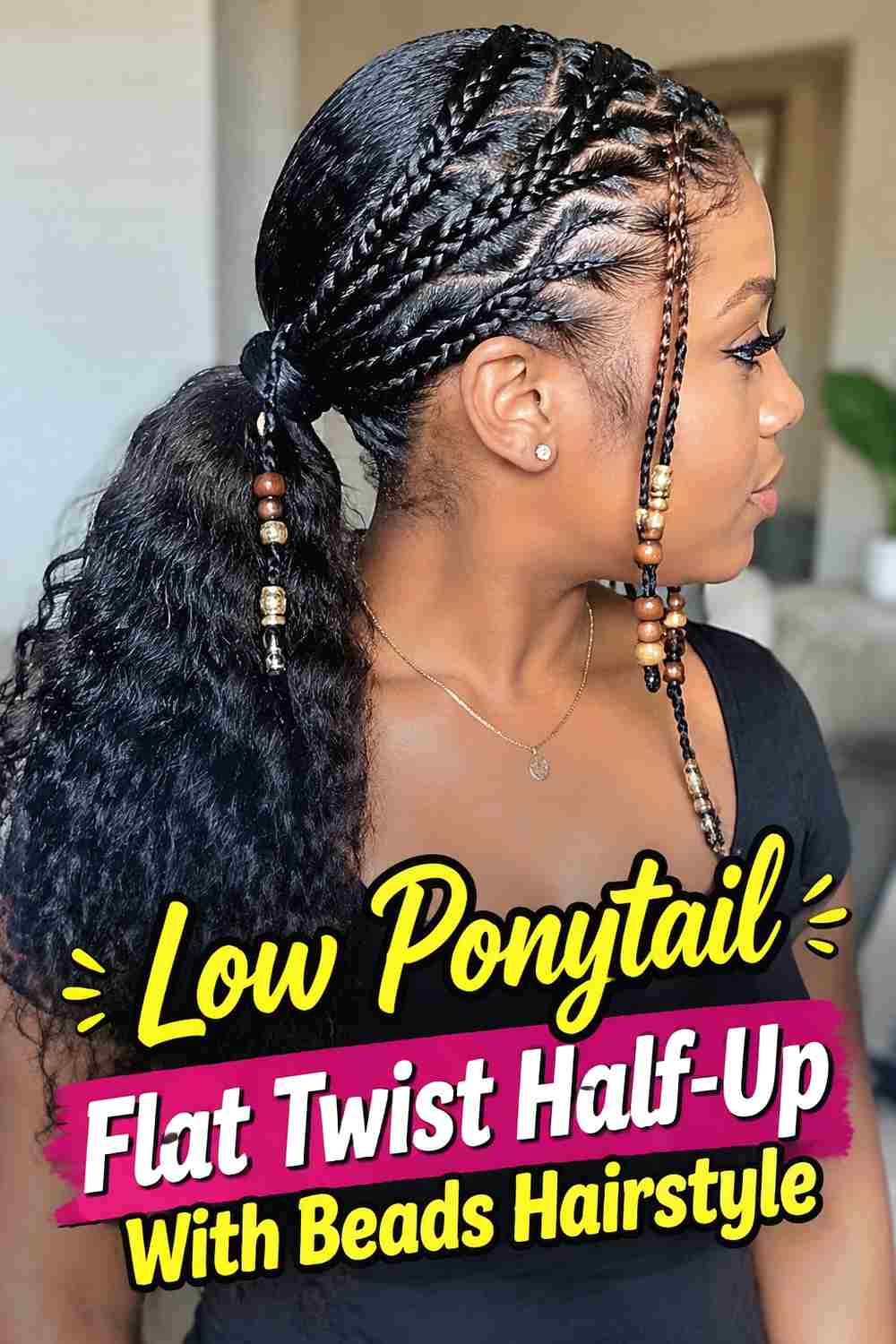 15. Low Ponytail Flat Twist Half Up With Beads Hairstyle