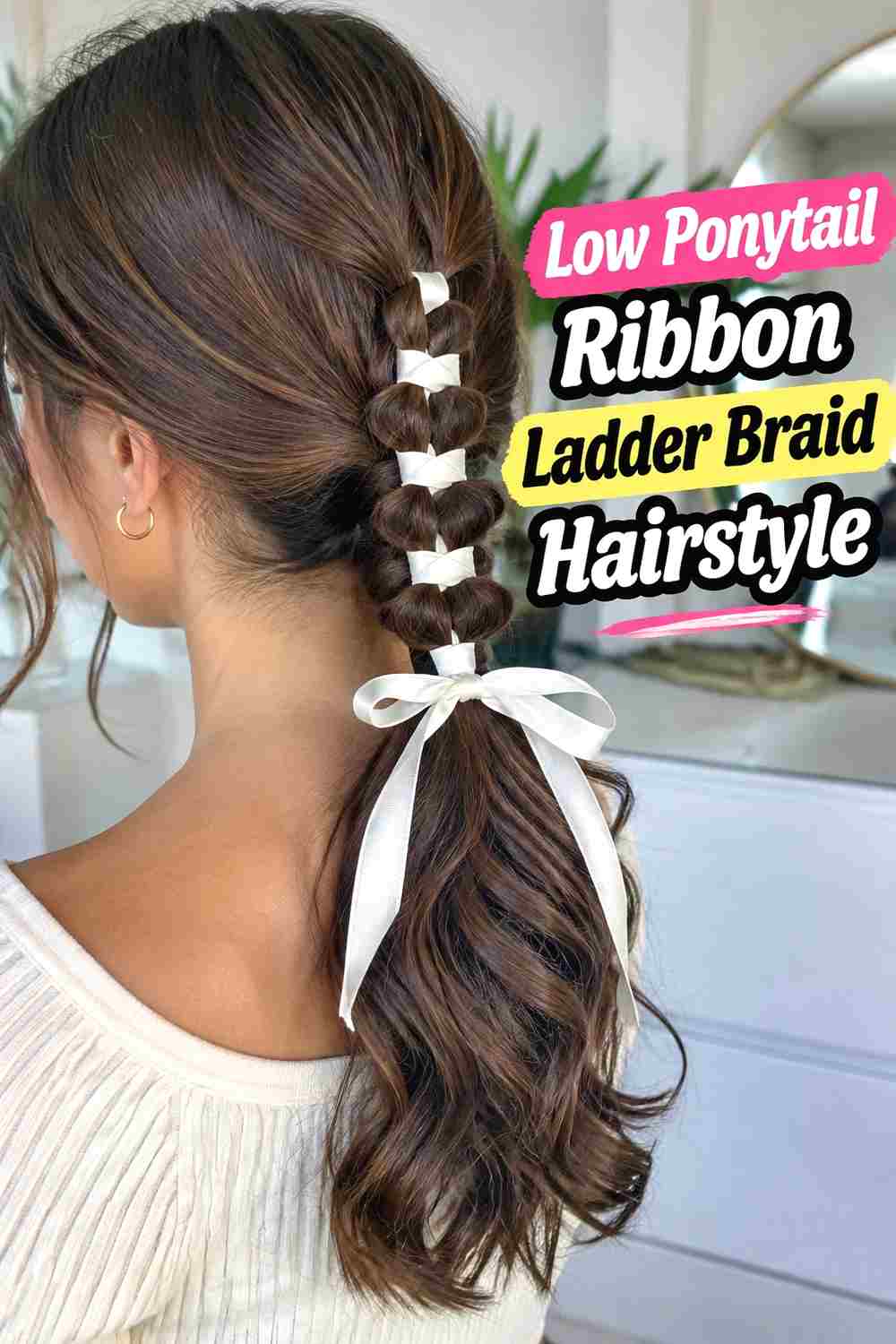 9. Low Ponytail Ribbon Ladder Braid Hairstyle