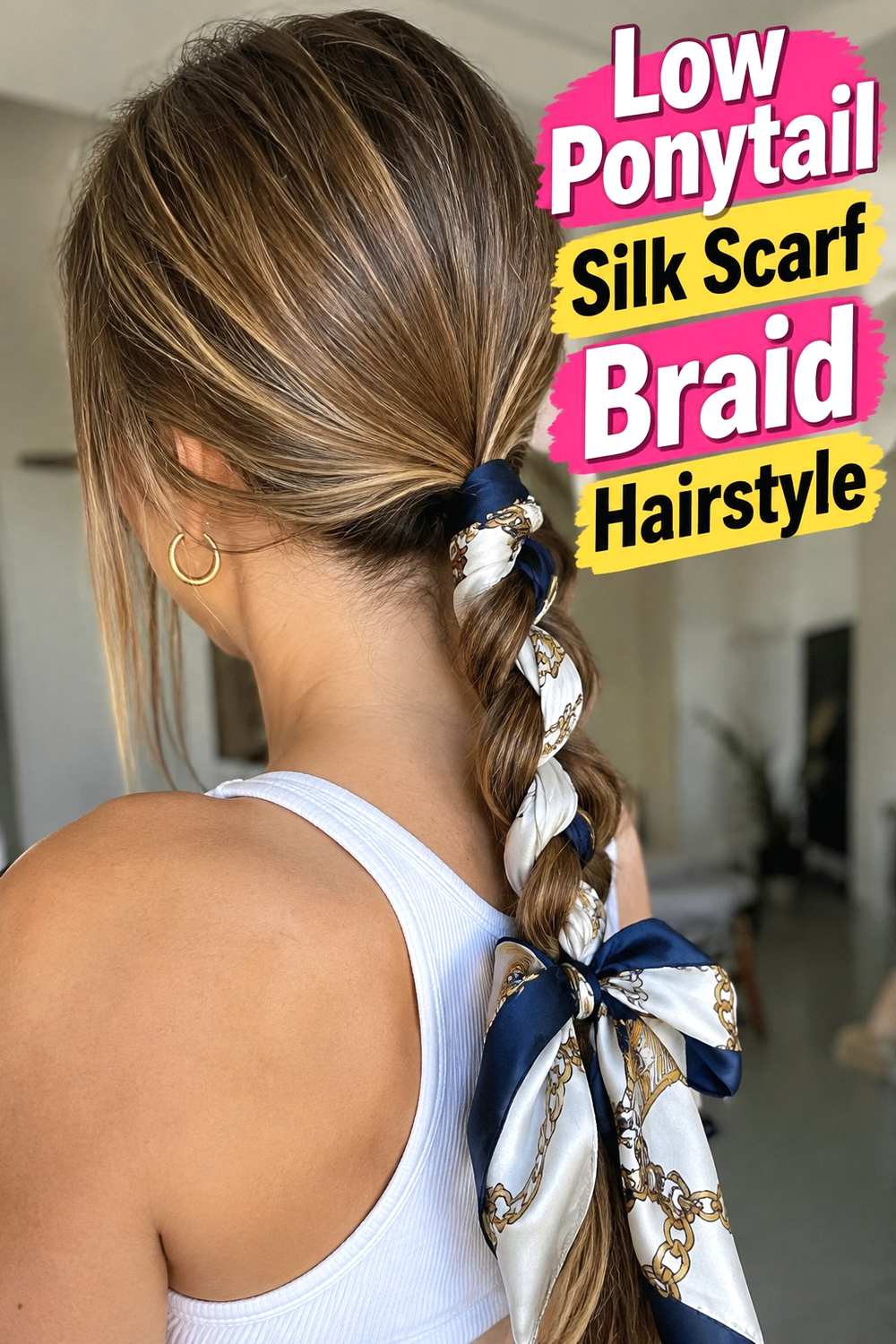2. Low Ponytail Silk Scarf Braid Hairstyle
