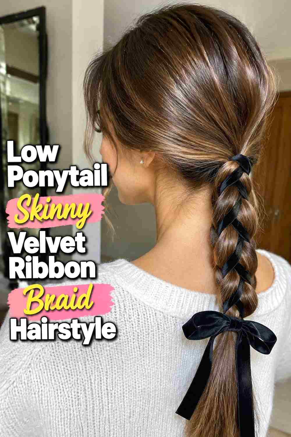 5. Low Ponytail Skinny Velvet Ribbon Braid Hairstyle