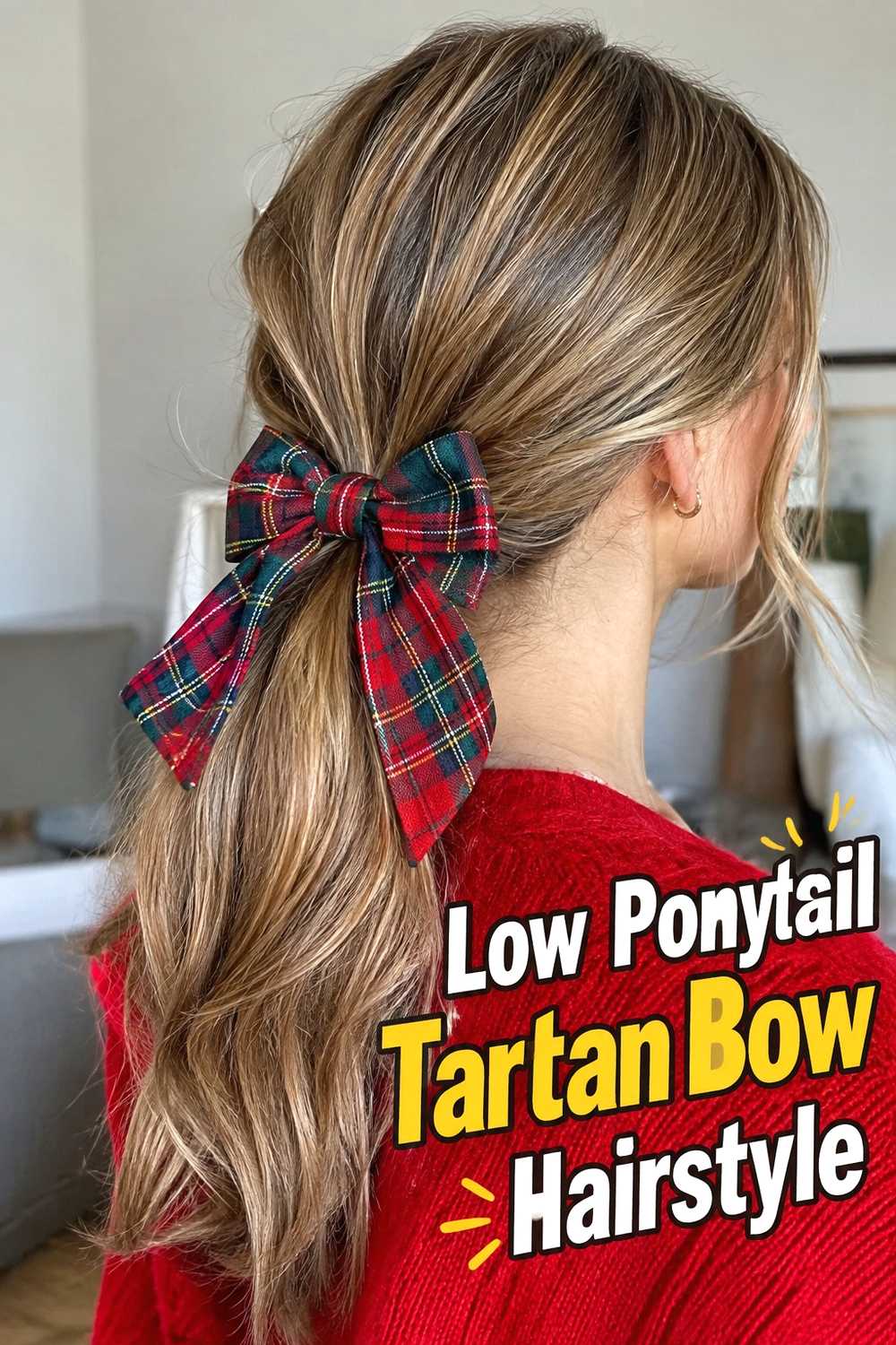 2. Low Ponytail Tartan Bow Hairstyle