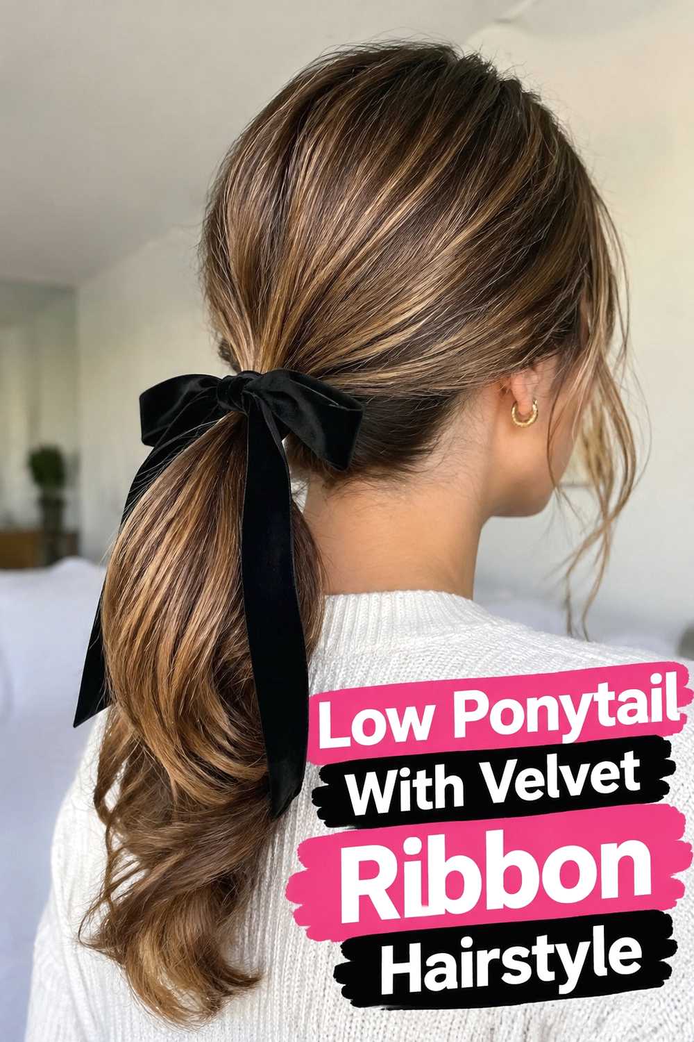 10. Low Ponytail With Velvet Ribbon Hairstyle