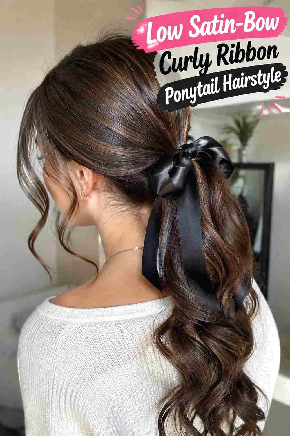 2. Low Satin Bow Curly Ribbon Ponytail Hairstyle