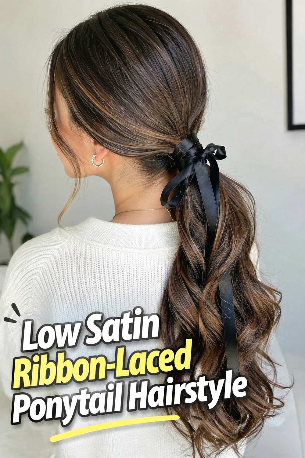 3. Low Satin Ribbon Laced Ponytail Hairstyle