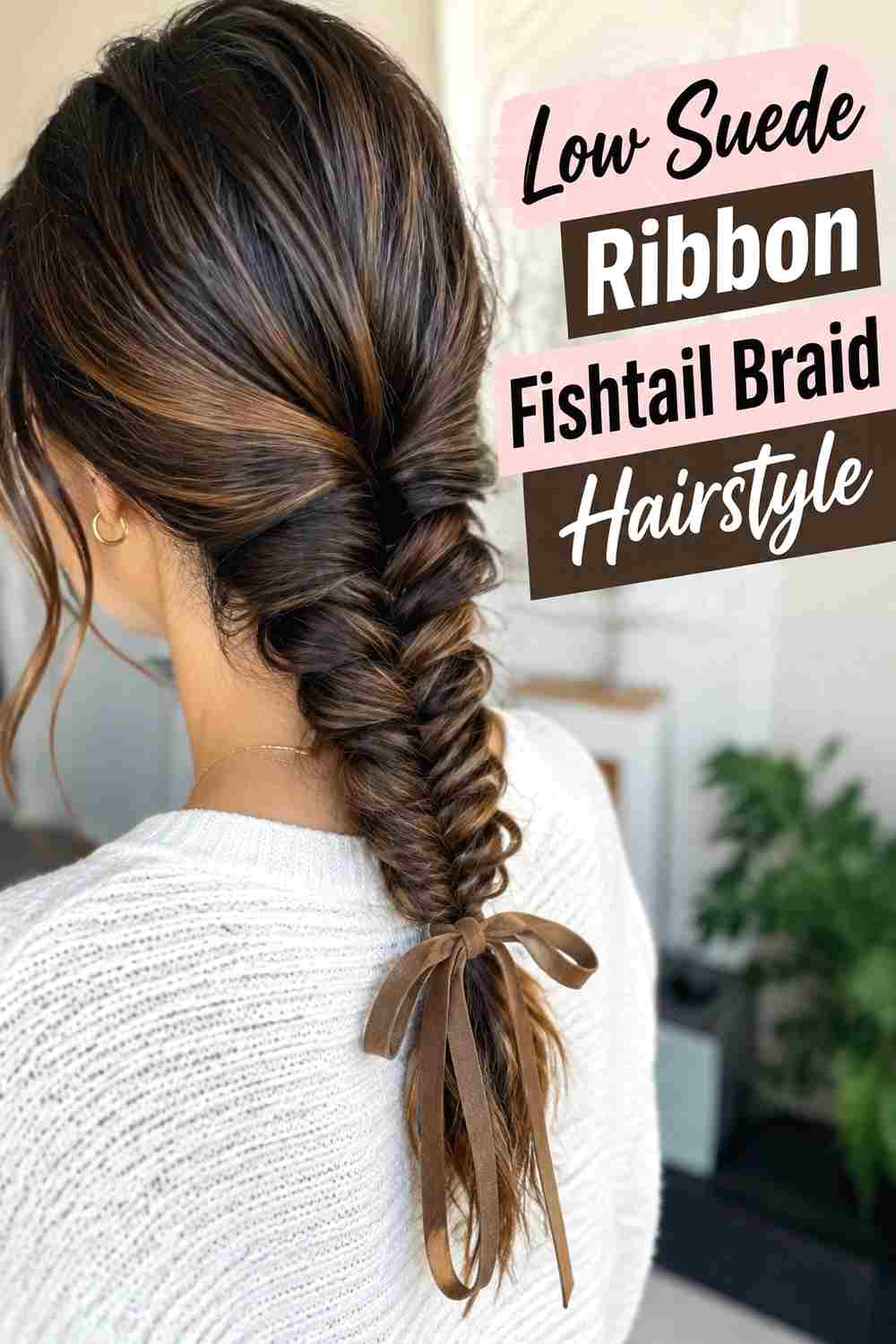2. Low Suede Ribbon Fishtail Braid Hairstyle