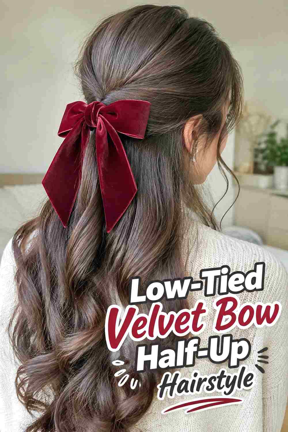 7. Low Tied Velvet Bow Half Up Hairstyle