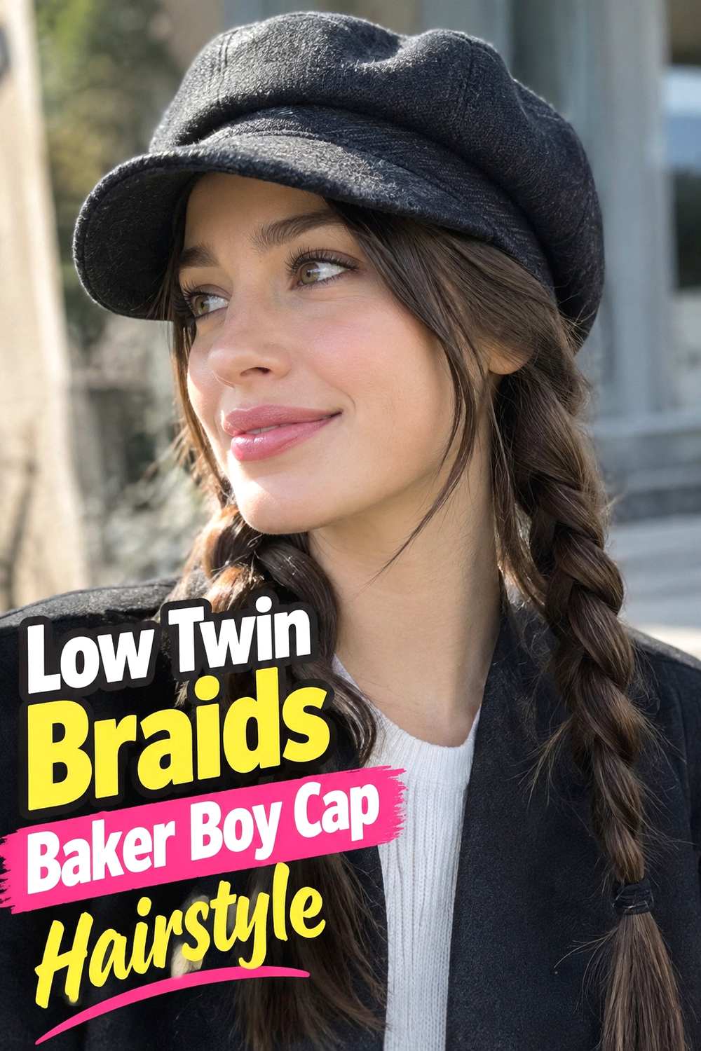 13. Low Twin Braids Baker Boy Cap Hairstyle