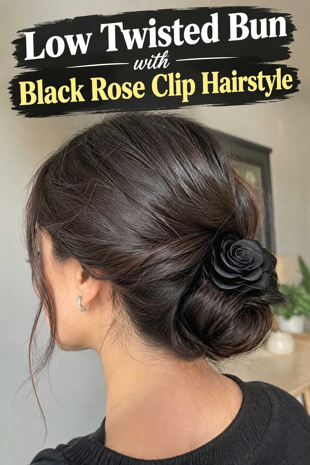 1. Low Twisted Bun With Black Rose Clip Hairstyle