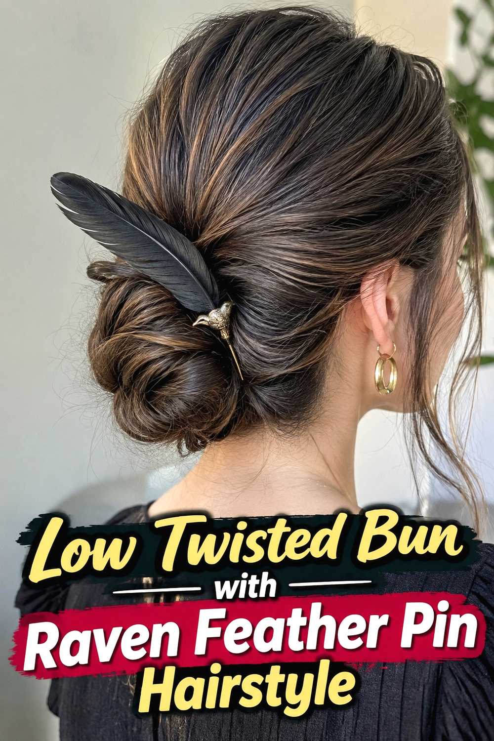 2. Low Twisted Bun With Raven Feather Pin Hairstyle