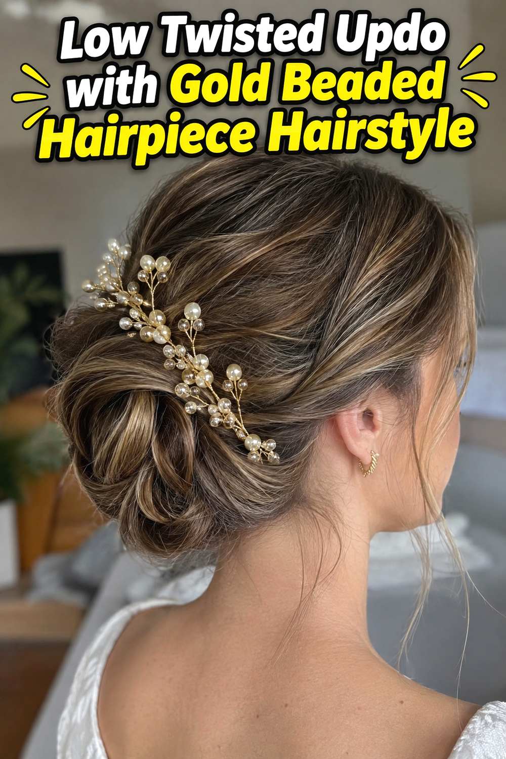 Low Twisted Updo with Gold Beaded Hairpiece Hairstyle