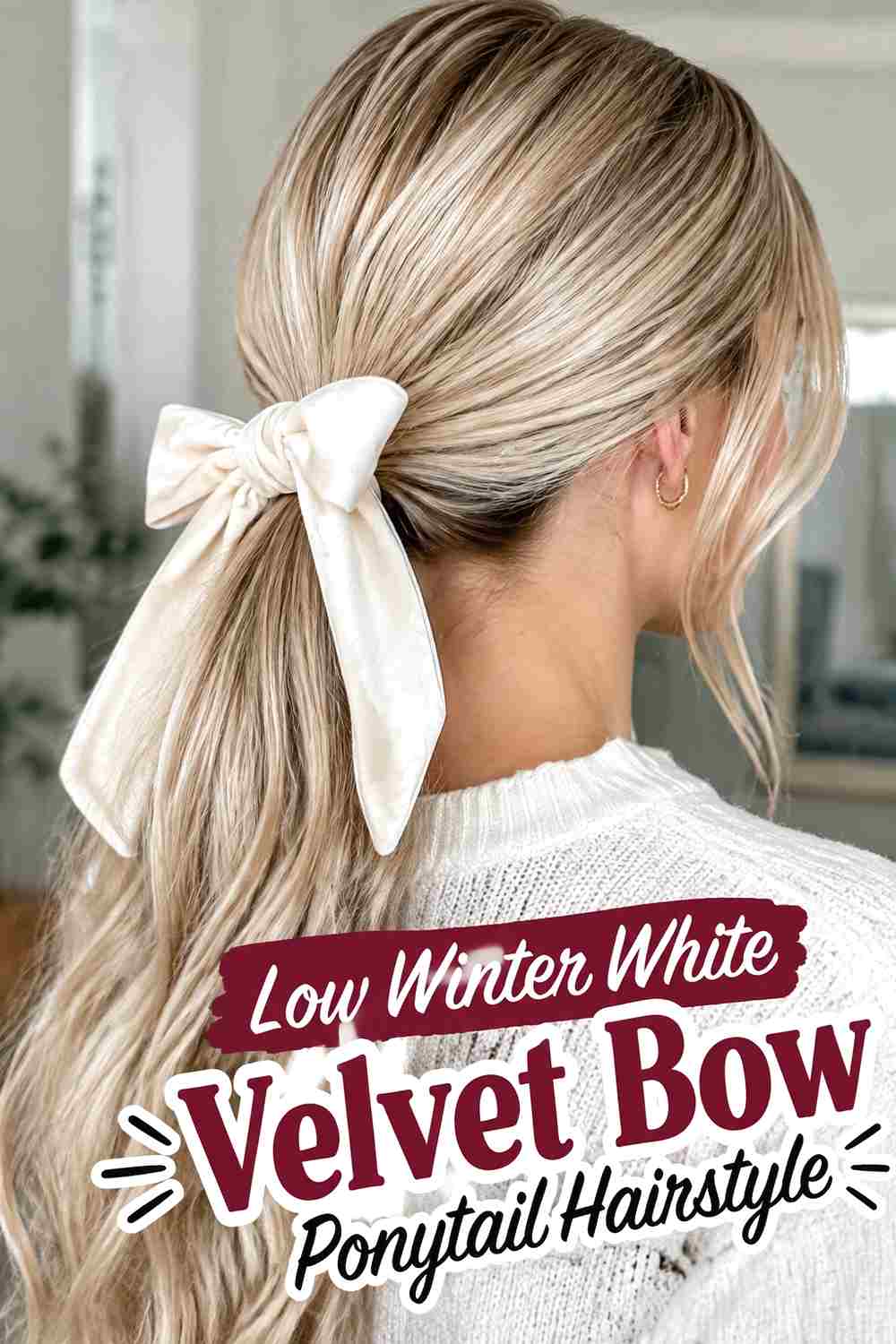 2. Low Winter White Velvet Bow Ponytail Hairstyle