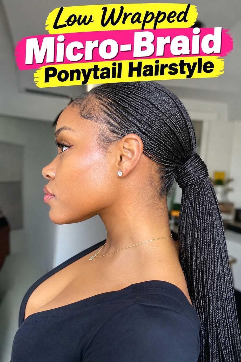 2. Low Wrapped Micro Braid Ponytail Hairstyle