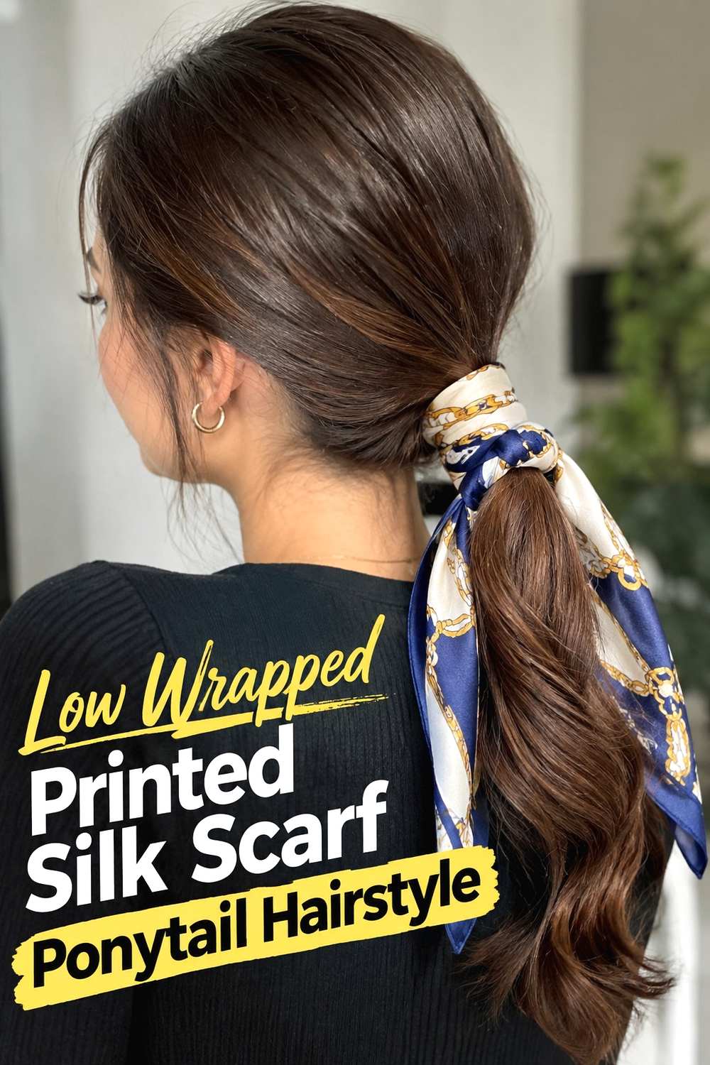 2. Low Wrapped Printed Silk Scarf Ponytail Hairstyle