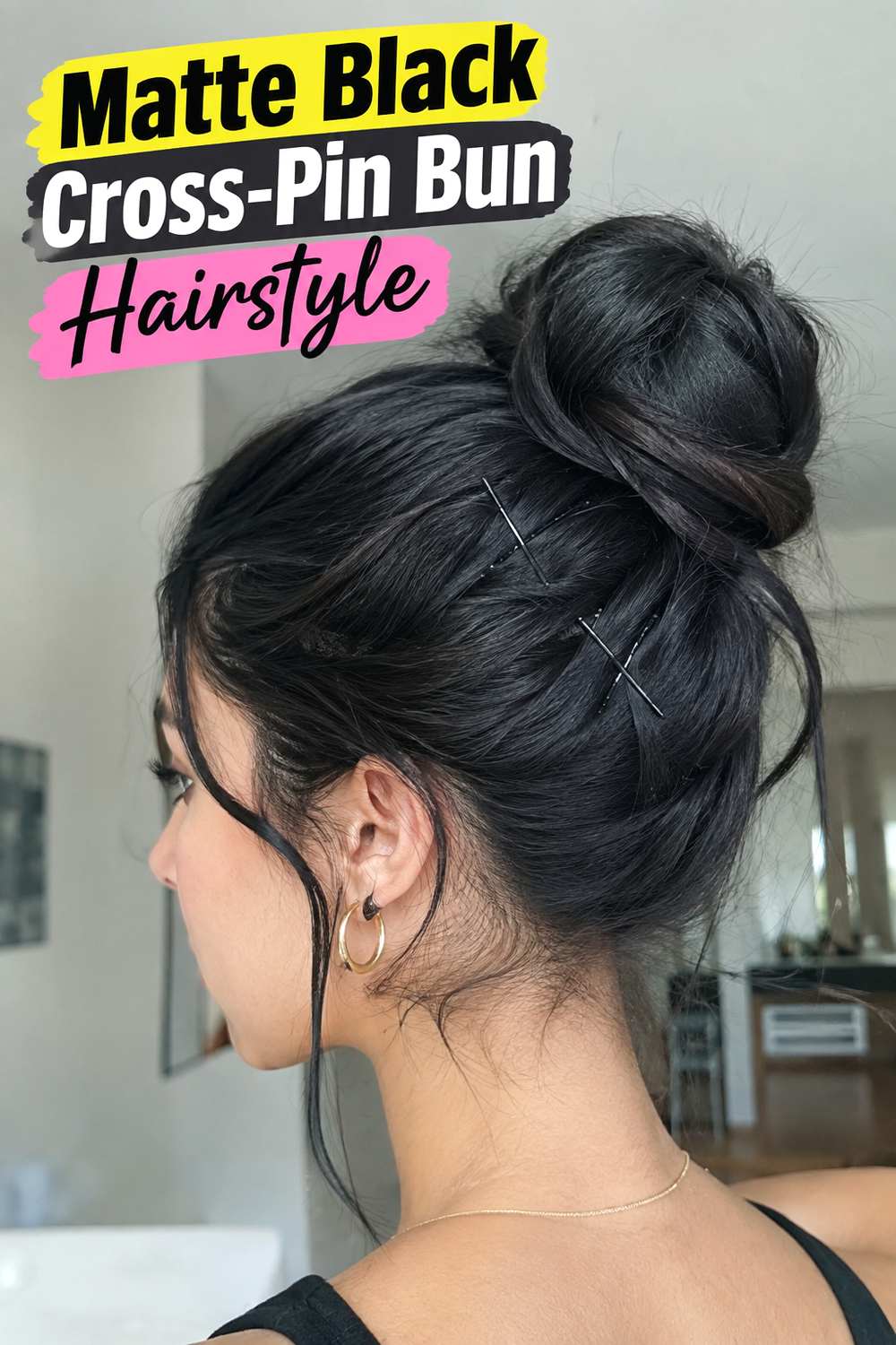 Matte Black Cross-Pin Bun Hairstyle