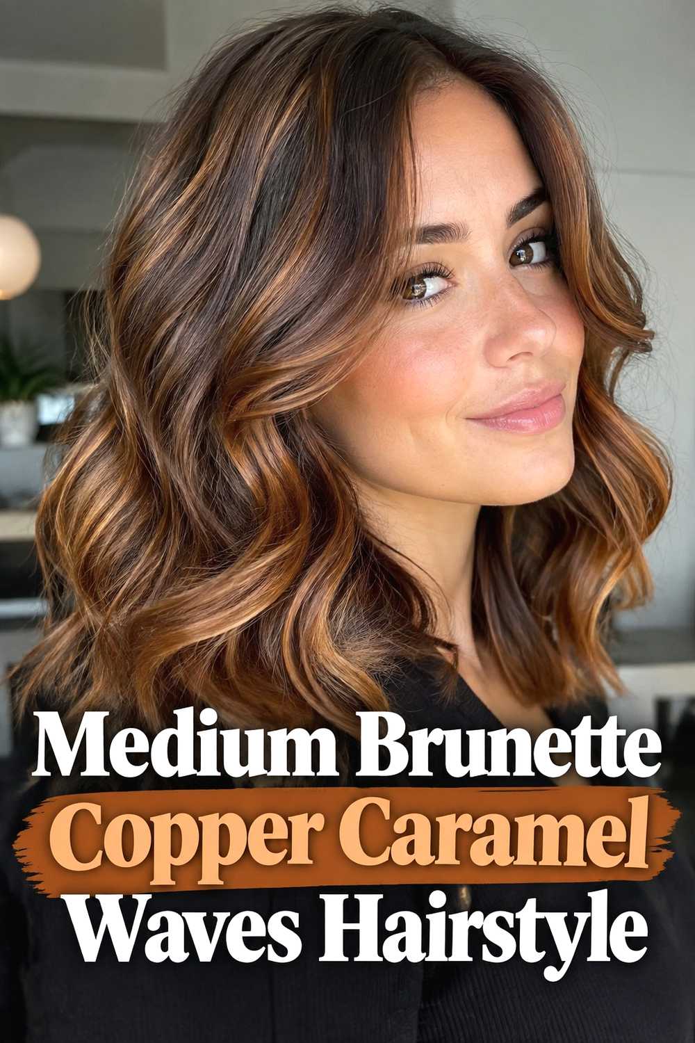 12. Medium Brunette Copper Caramel Waves Hairstyle