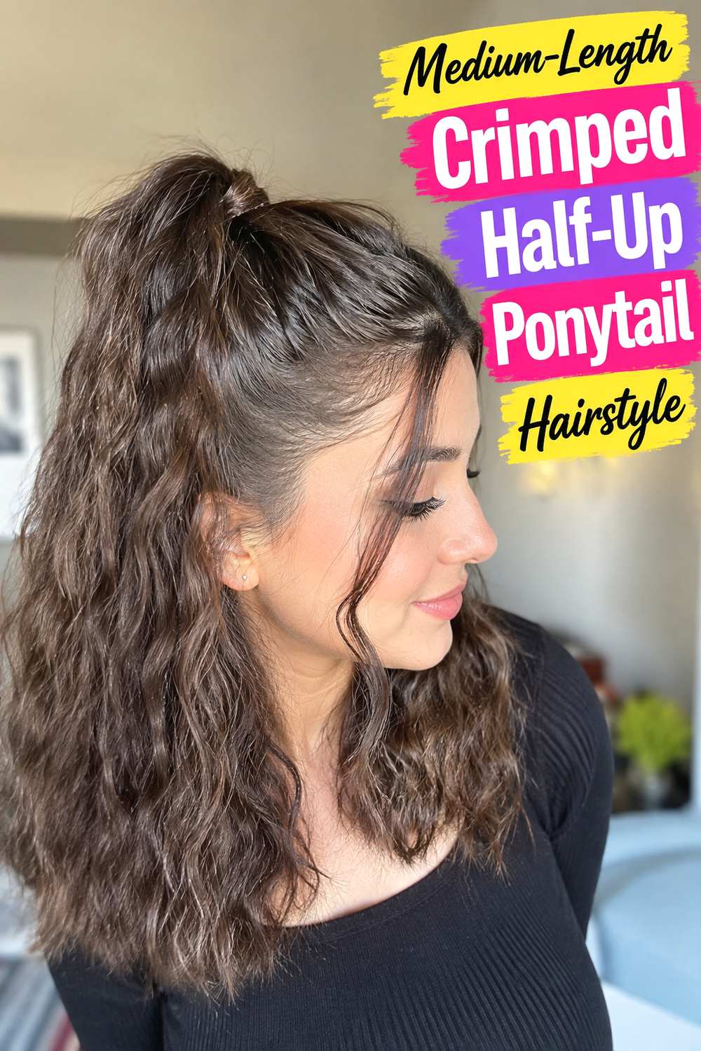 Medium-Length Crimped Half-Up Ponytail Hairstyle