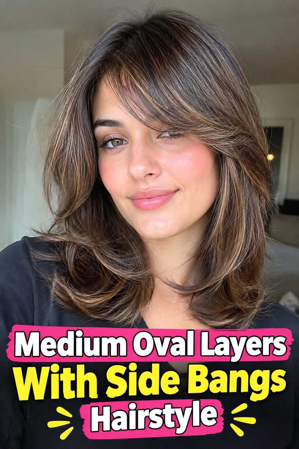 3. Medium Oval Layers With Side Bangs Hairstyle