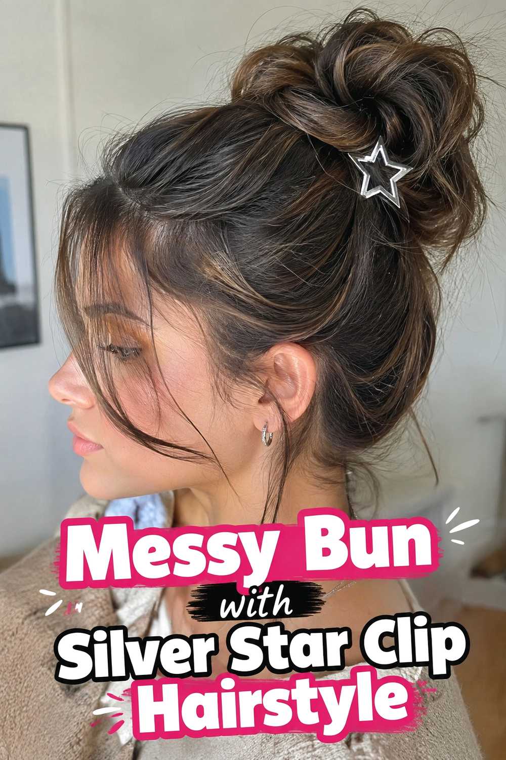 9. Messy Bun With Silver Star Clip Hairstyle