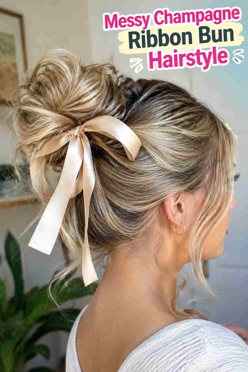 6. Messy Champagne Ribbon Bun Hairstyle