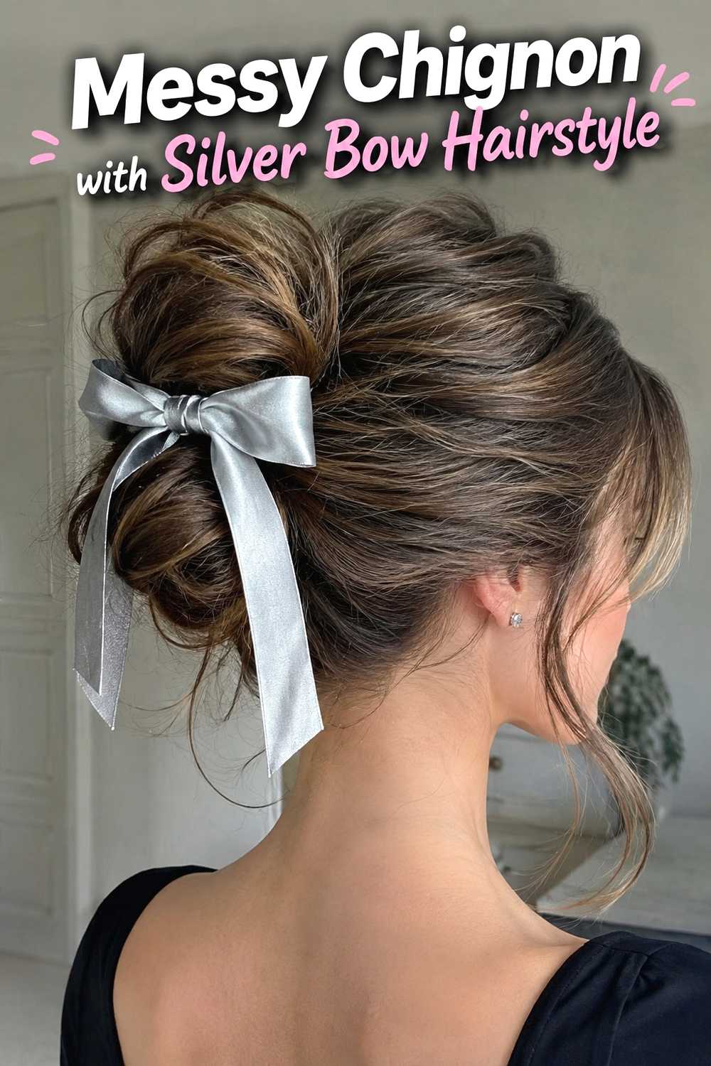 13. Messy Chignon With Silver Bow Hairstyle