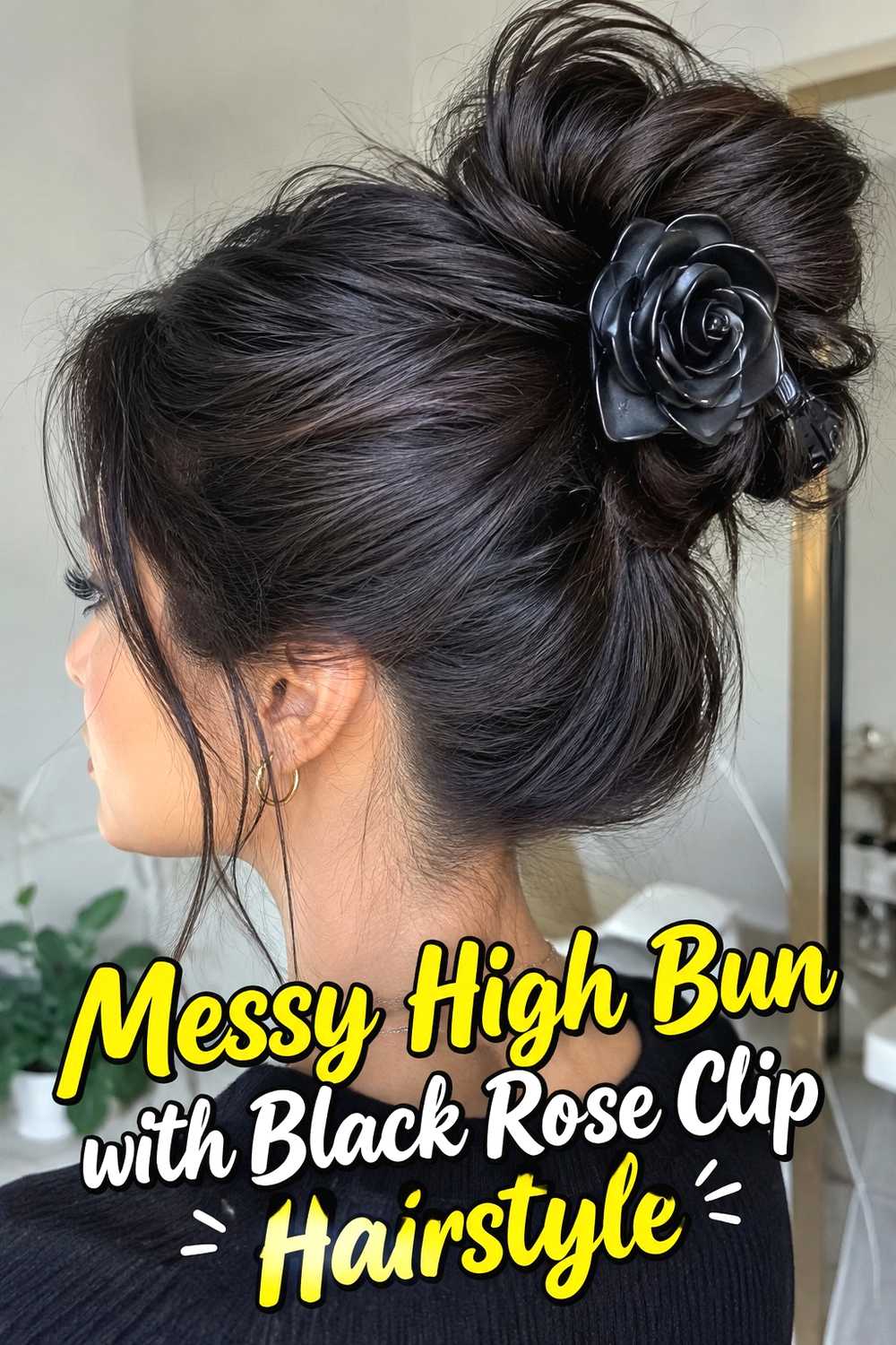6. Messy High Bun With Black Rose Clip Hairstyle