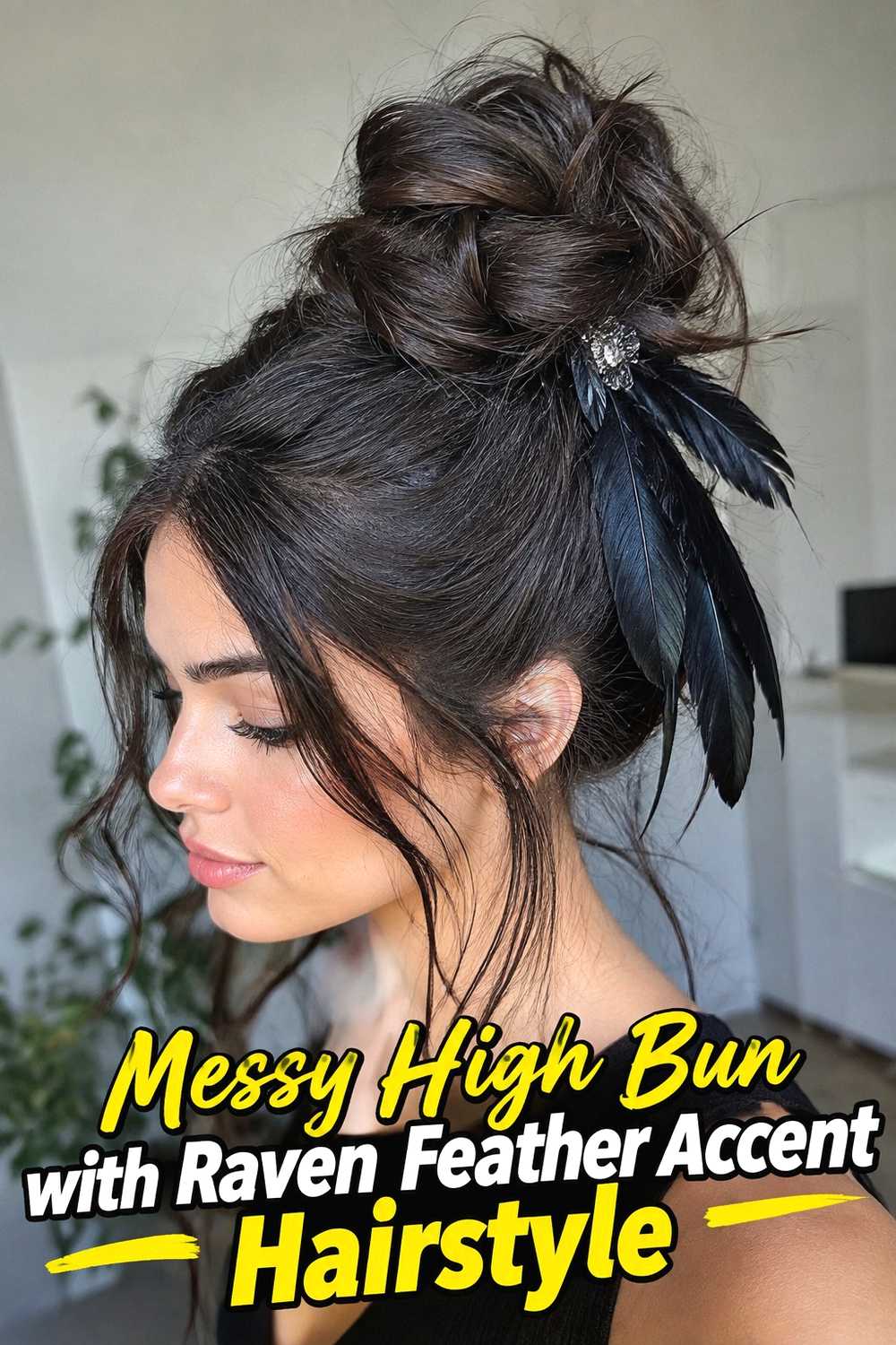 6. Messy High Bun With Raven Feather Accent Hairstyle
