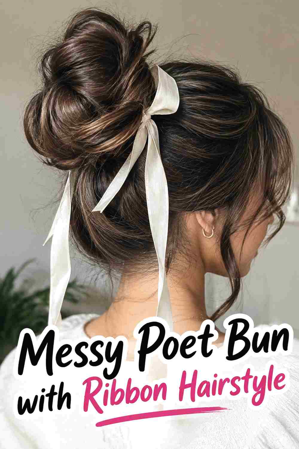 5. Messy Poet Bun With Ribbon Hairstyle