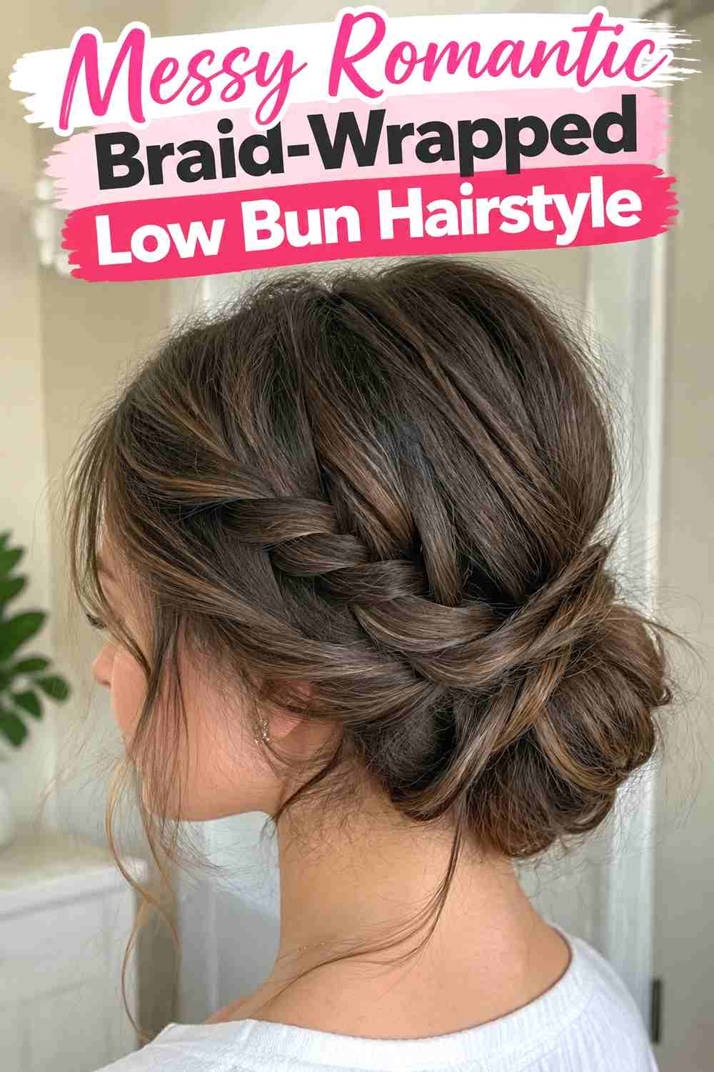 10. Messy Romantic Braid Wrapped Low Bun Hairstyle