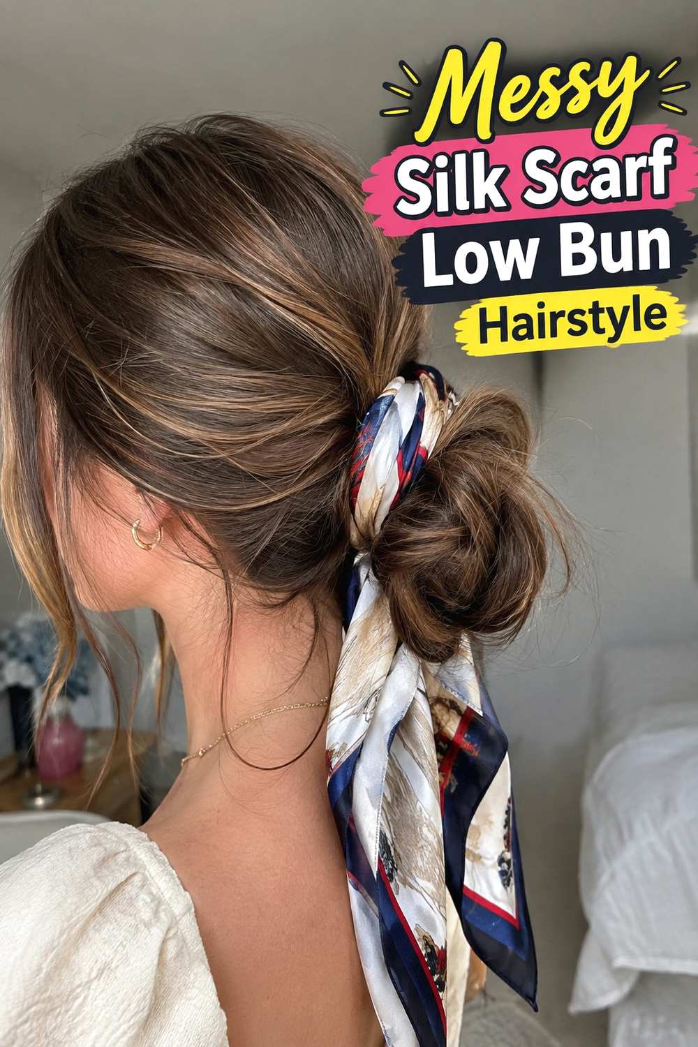 9. Messy Silk Scarf Low Bun Hairstyle