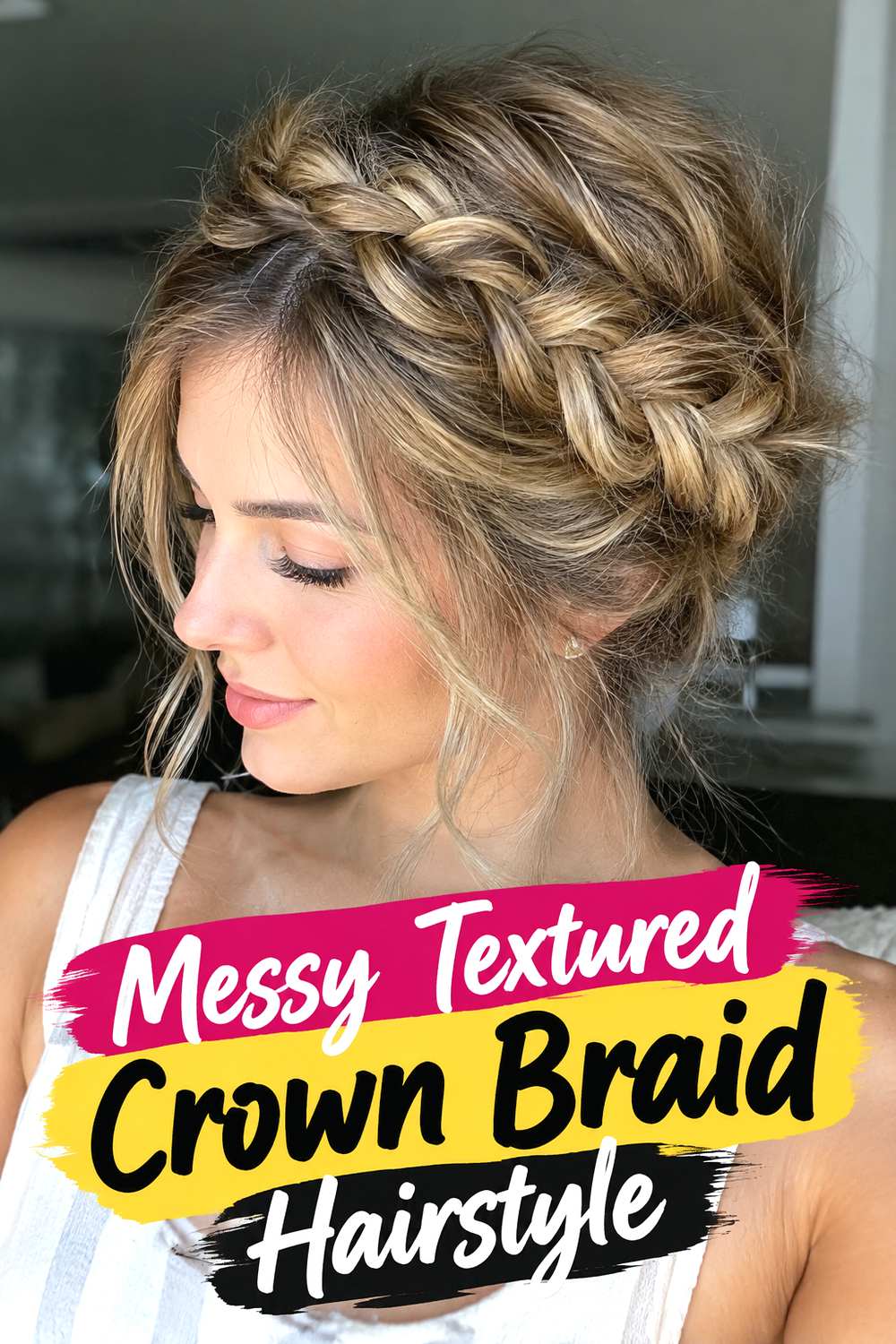 Messy Textured Crown Braid Hairstyle