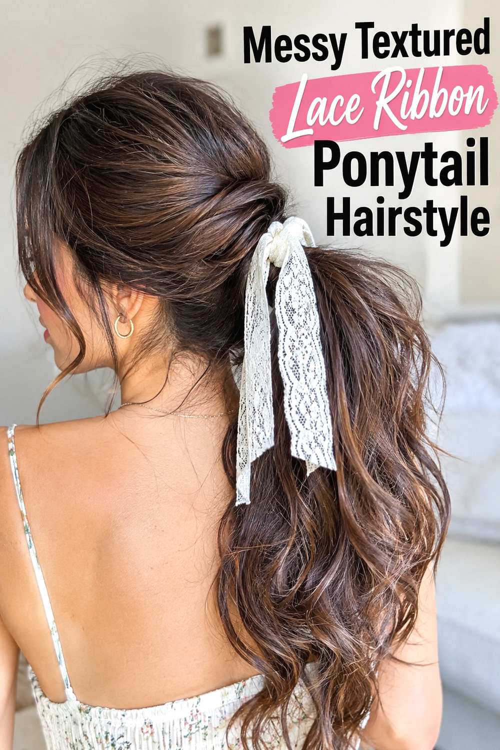 15. Messy Textured Lace Ribbon Ponytail Hairstyle