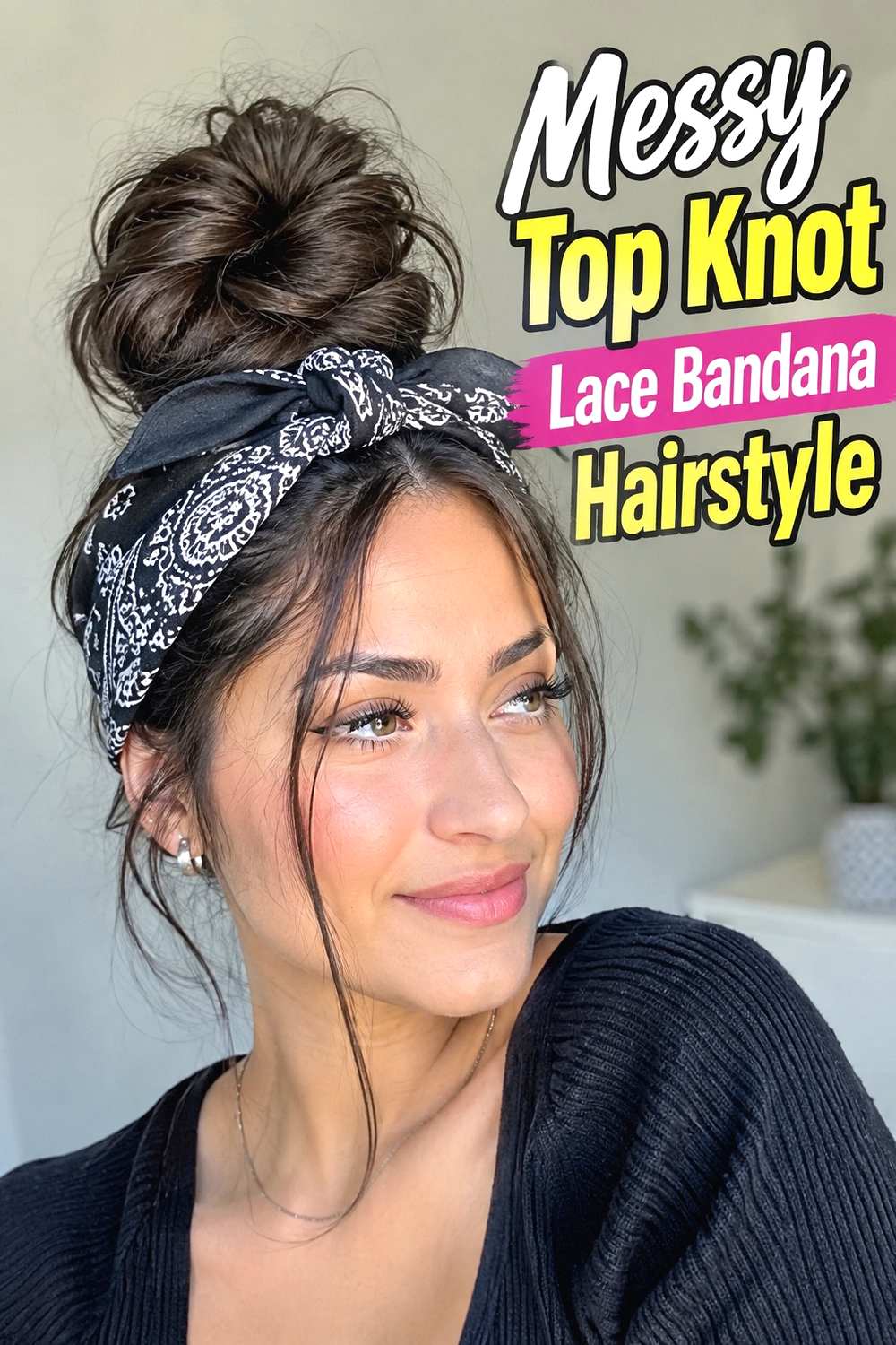 7. Messy Top Knot Lace Bandana Hairstyle