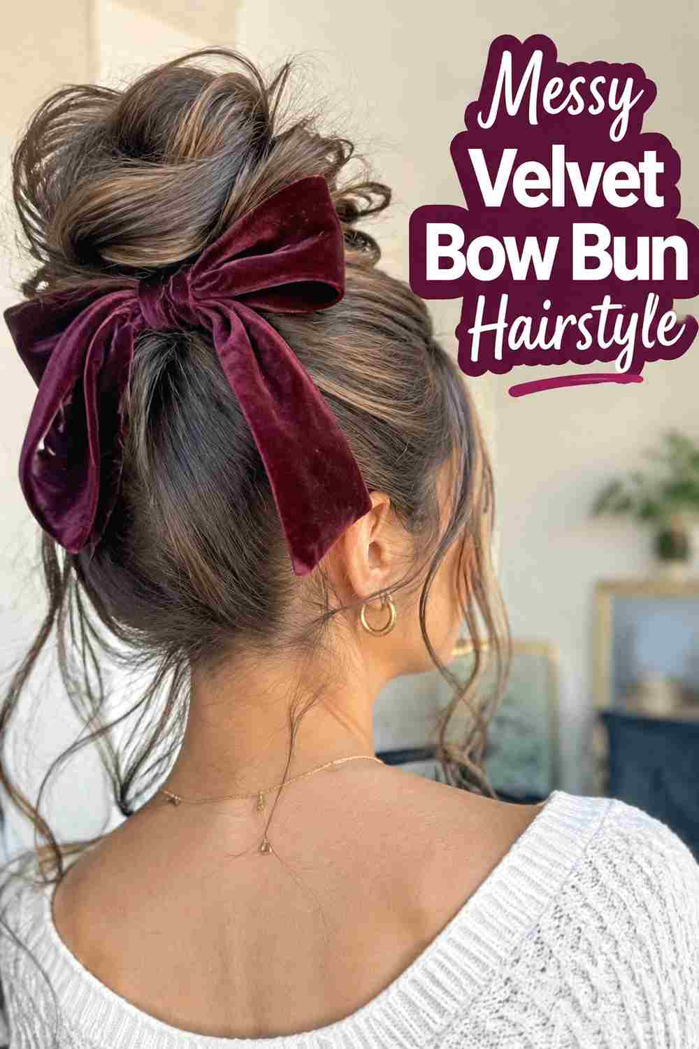 3. Messy Velvet Bow Bun Hairstyle